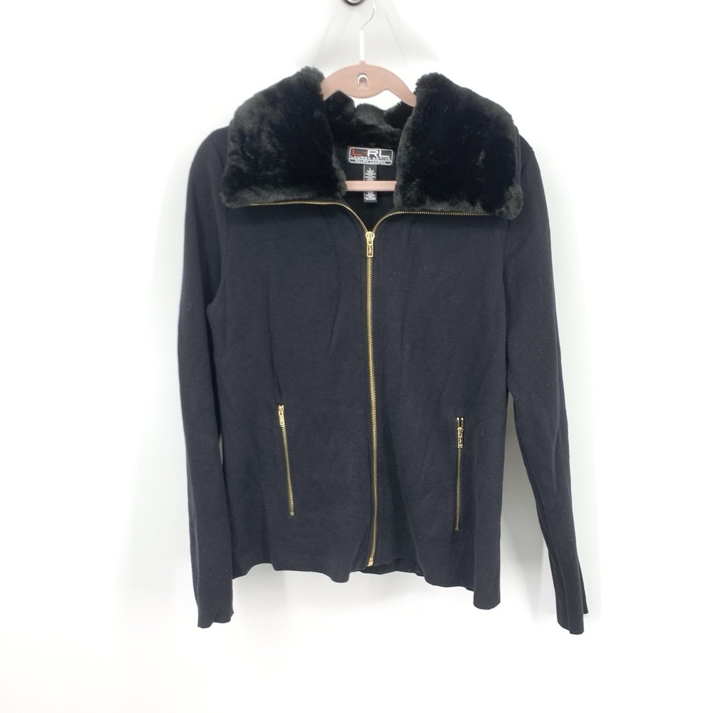 Ralph Lauren Active LRL Women Size Large Sweater Black Gold Zip Cardigan Fur Top